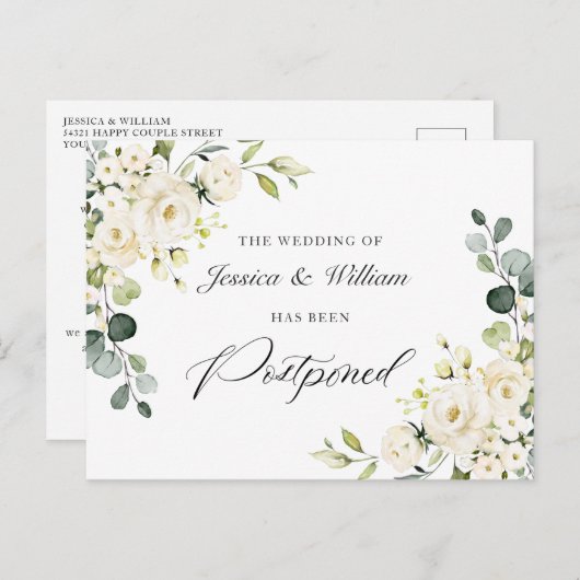 Verander de datum Elegante Eucalyptus Witte Rozen Briefkaart (Voorkant / Achterkant)