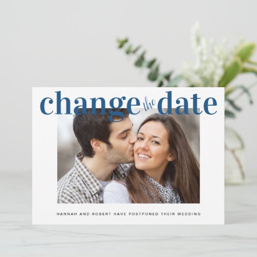 Verander de datum Foto Klassiek Blauw Modern Huwel Aankondiging (Staand voorkant)