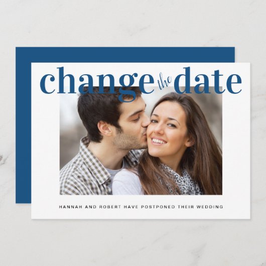 Verander de datum Foto Klassiek Blauw Modern Huwel Aankondiging (Voorkant / Achterkant)