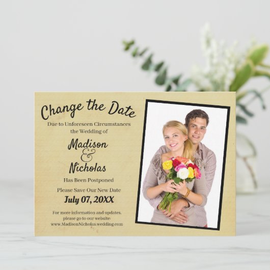 Verander de Datum Foto Wedding Tan Brown Parchment Save The Date (Staand voorkant)