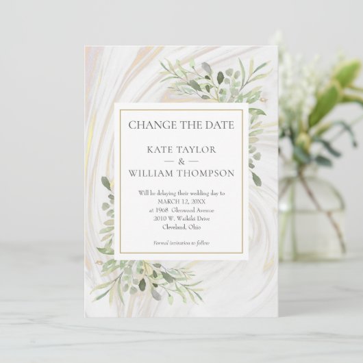 Verander de datum groen blad marmer werveling save the date (Staand voorkant)