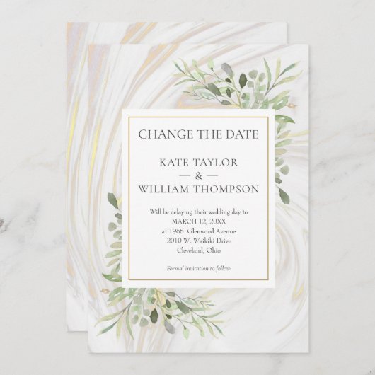 Verander de datum groen blad marmer werveling save the date (Voorkant / Achterkant)