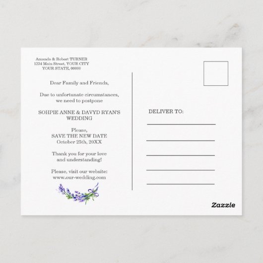 Verander de datum Lavendel Bloemige Huwelijk Uitge Briefkaart (Achterkant)