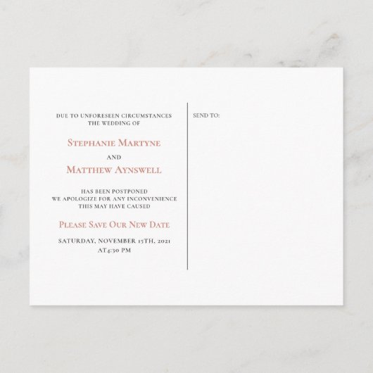 Verander de datum Modern Rose Goud Schrift Aankondigingskaart (Achterkant)