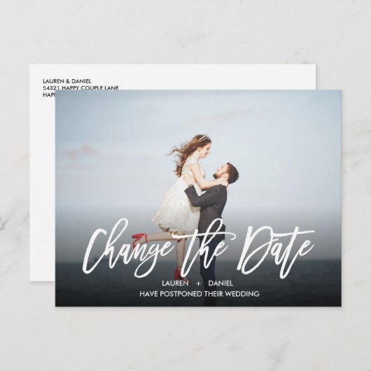 VERANDER DE DATUM Moderne kalligrafie landschapsfo Aankondigingskaart (Voorkant / Achterkant)