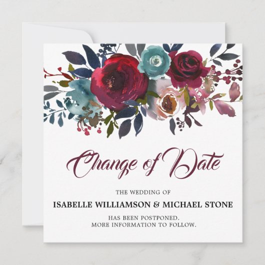 Verander de datum Rode Bourgondische bloem bruilof Kaart (Voorkant)