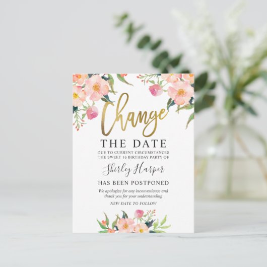 Verander De Datum Roze Bloem Goud Schrift Briefkaart (Staand voorkant)