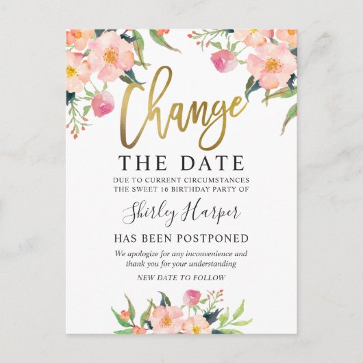 Verander De Datum Roze Bloem Goud Schrift Briefkaart (Voorkant)