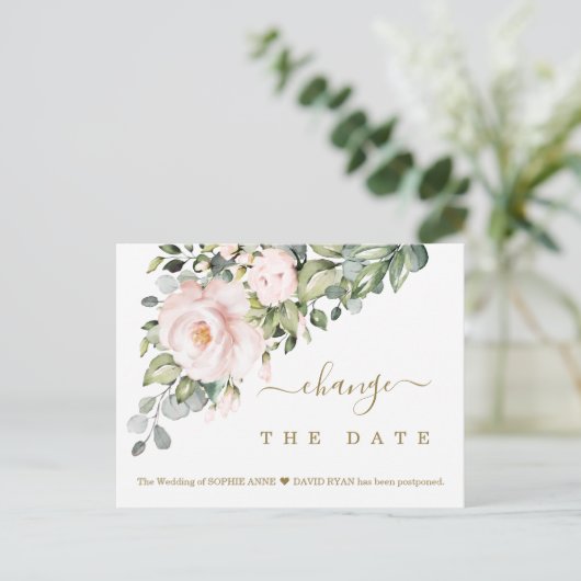 Verander de Datum Roze Blush Flowers Weddenschap Briefkaart (Staand voorkant)