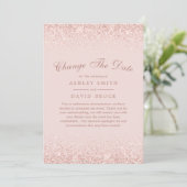 Verander de datum Roze Goud Confetti Blush Roze Save The Date (Staand voorkant)