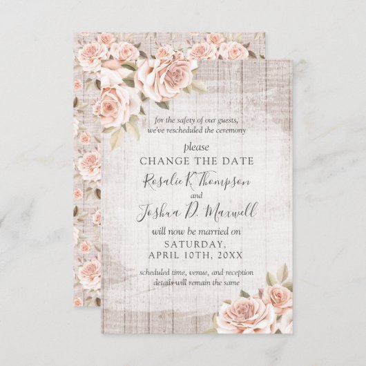Verander de Datum Rustic Rozen hercheduled Wedding Kaart (Voorkant / Achterkant)