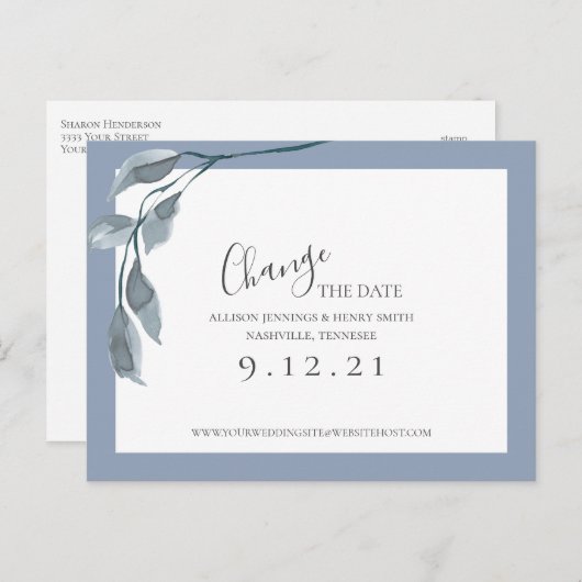 Verander de datum Sla de datum op Blauwe bloemen Aankondigingskaart (Voorkant / Achterkant)