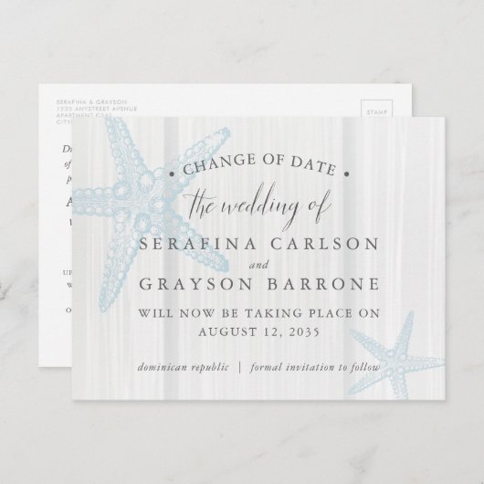 Verander de Datum Startvis Rustic Wood Beach Weddi Aankondigingskaart (Voorkant / Achterkant)