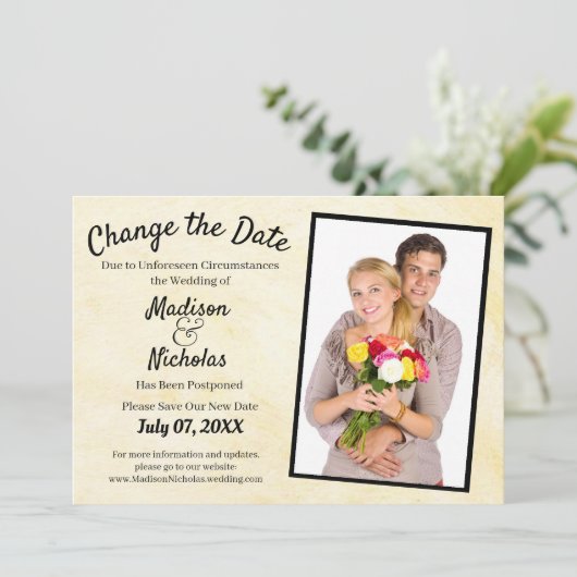 Verander de Datum toevoegen Foto bruiloft Beige Pa Save The Date (Staand voorkant)