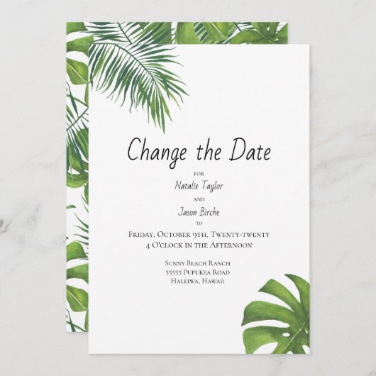 Verander de Datum Tropische Waterverf van Leaf Save The Date (Voorkant / Achterkant)