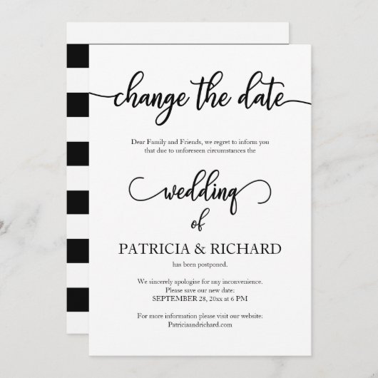 Verander de datum trouwdatum uitgesteld bericht kaart (Voorkant / Achterkant)