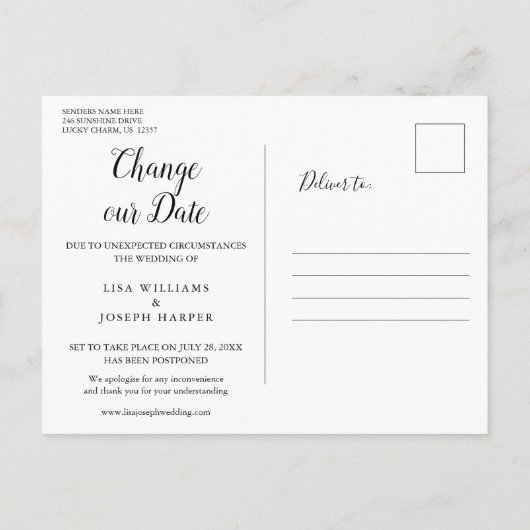 Verander de Datum Uitgesteld Eenvoudig Elegant Aankondigingskaart (Achterkant)
