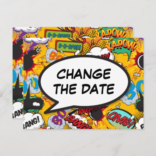 Verander de datum uitgesteld Modern Comic Book Aankondigingskaart (Voorkant / Achterkant)