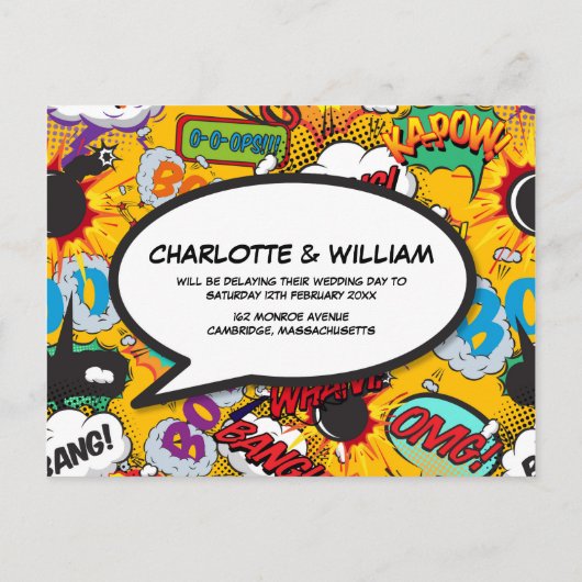 Verander de datum uitgesteld Modern Comic Book Aankondigingskaart (Achterkant)