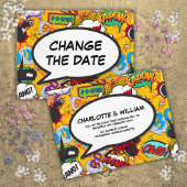 Verander de datum uitgesteld modern stripboek aankondigingskaart