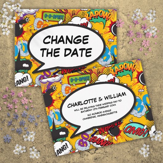 Verander de datum uitgesteld modern stripboek aankondigingskaart