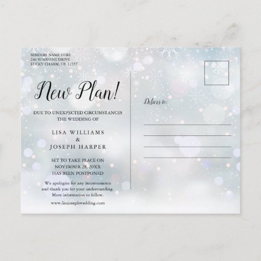 Verander de Datum Uitgesteld We doen Redo Winter E Aankondigingskaart (Achterkant)