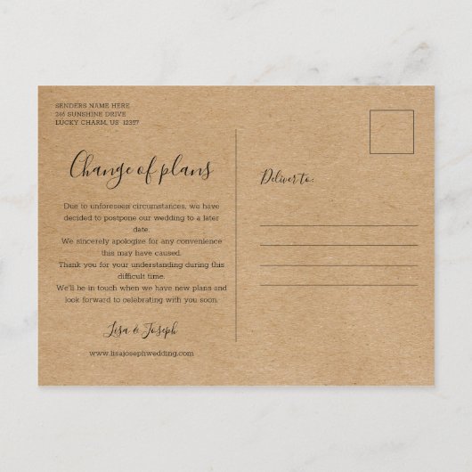 Verander de Datum Uitgestelde Geannuleerde Rustic Briefkaart (Achterkant)