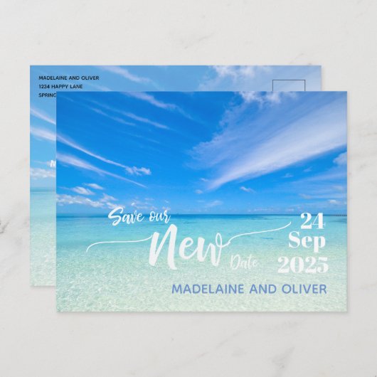 Verander de Datum van de Beach Blue Summer Aankondigingskaart (Voorkant / Achterkant)