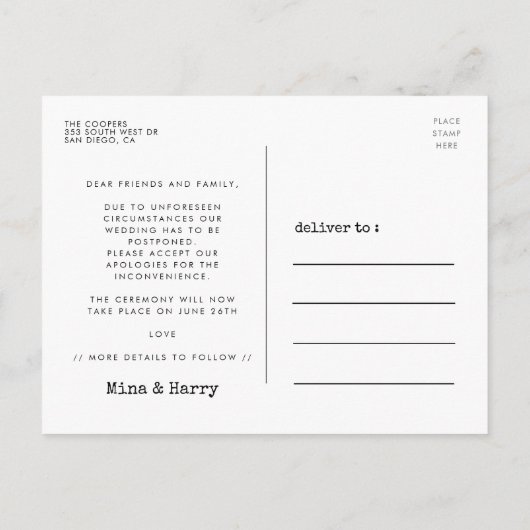 Verander de datum van de bruiloft het uitstel foto briefkaart (Achterkant)