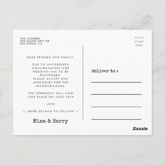 Verander de datum van de bruiloft het uitstel foto briefkaart (Achterkant)