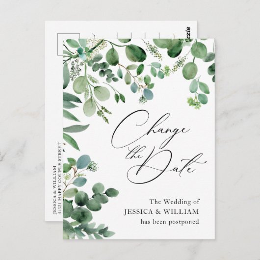 Verander de Datum Waterverf Eucalyptus Wedding Briefkaart (Voorkant / Achterkant)