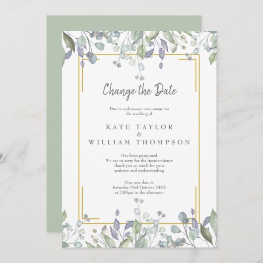 Verander de datum waterverf groen bloemmotief save the date (Voorkant / Achterkant)