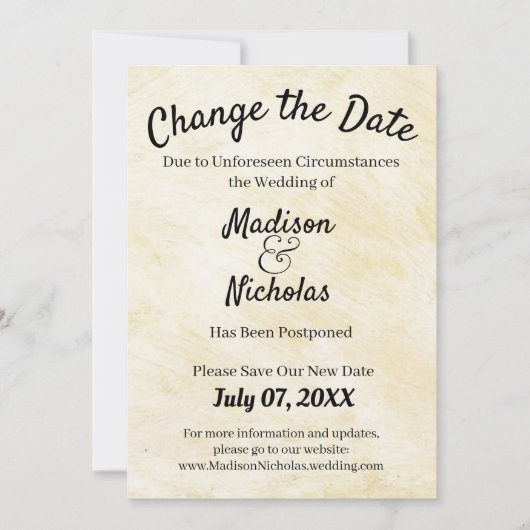 Verander de Datum Wedding Postponed Beige Parchmen Save The Date (Voorkant)