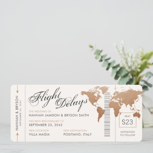 Verander de Datum Wereldkaart die Ticket Weddensch Aankondiging (Staand voorkant)