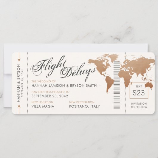 Verander de Datum Wereldkaart die Ticket Weddensch Aankondiging (Voorkant)