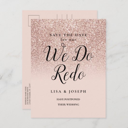 Verander de datum Wij doen het opnieuw Roze gouden Aankondigingskaart (Voorkant / Achterkant)