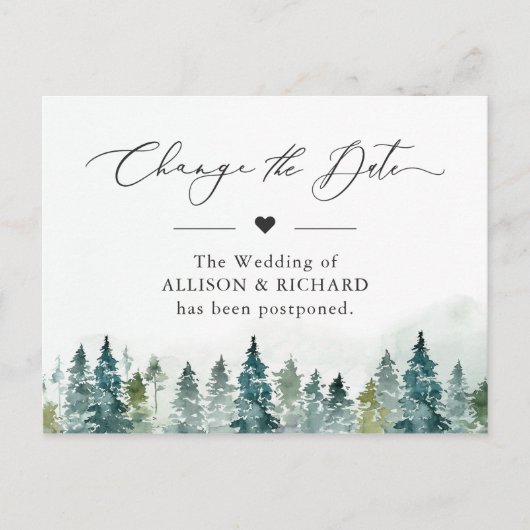 Verander de datum Winterbos Dennenbomen Uitgesteld Briefkaart (Voorkant)