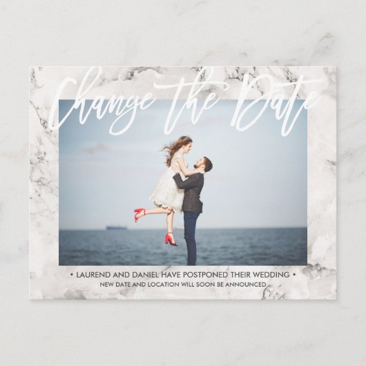 VERANDER DE DATUM Wit Marmer kalligrafie foto Aankondigingskaart (Voorkant)