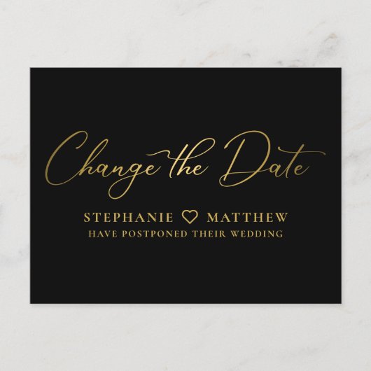 Verander de Datum Zwart Elegant Gold Script Aankondigingskaart (Voorkant)