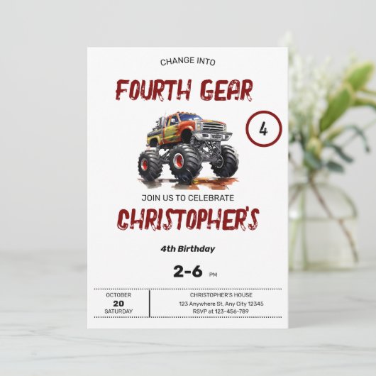 Verander Gear Monster Truck Verjaardag Uitnodiging (Staand voorkant)