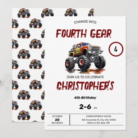 Verander Gear Monster Truck Verjaardag Uitnodiging (Voorkant / Achterkant)