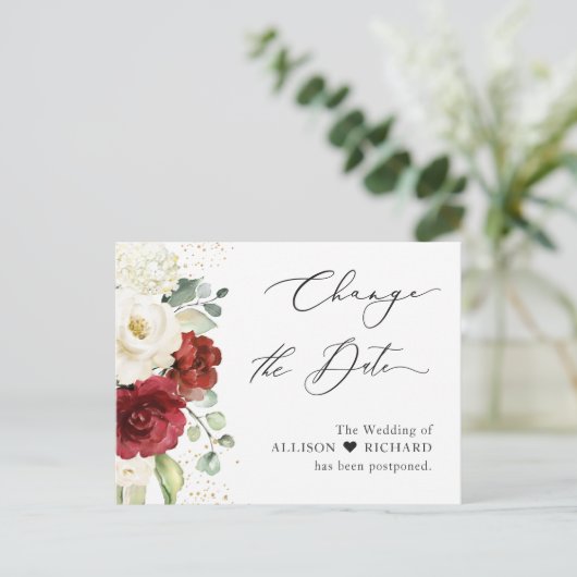 Verander het datum script rood witte bloem eucalyp briefkaart (Staand voorkant)