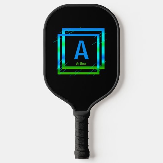 Verander Initiaal. Naam Blauw groene vierkantjes z Pickleball Paddle (Voorkant)
