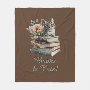 Verander Tekst, Boeken & Katten, met Bloemen, op B Fleece Deken