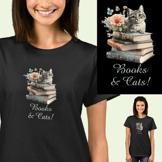 Verander Tekst, Boeken & Katten, met Bloemen, op Z T-shirt