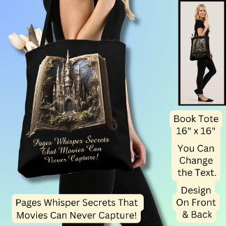 Verander tekst, pagina's fluisteren geheimen, boek tote bag