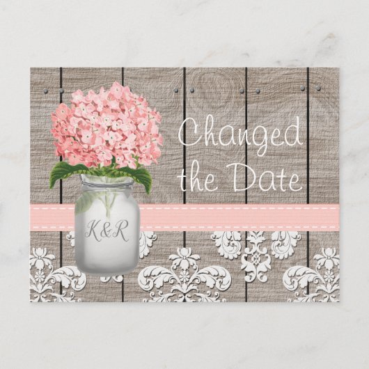 Veranderde de datum Monogram Roze Hortensia Metsel Briefkaart (Voorkant)