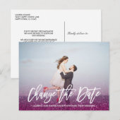 VERANDEREN DE DATUM-typografie Glitter Paarse foto Aankondigingskaart (Voorkant / Achterkant)