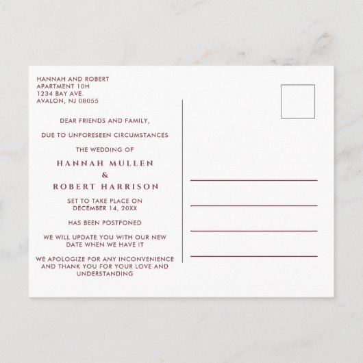 Veranderen van het huwelijk Verplaatsing van plann Aankondigingskaart (Achterkant)