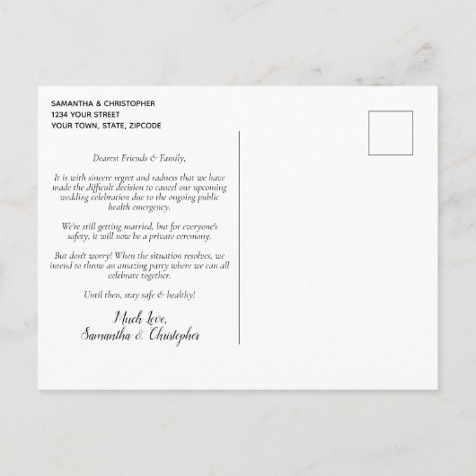 Veranderen van huwelijksplannen met bruine rode en aankondigingskaart (Achterkant)